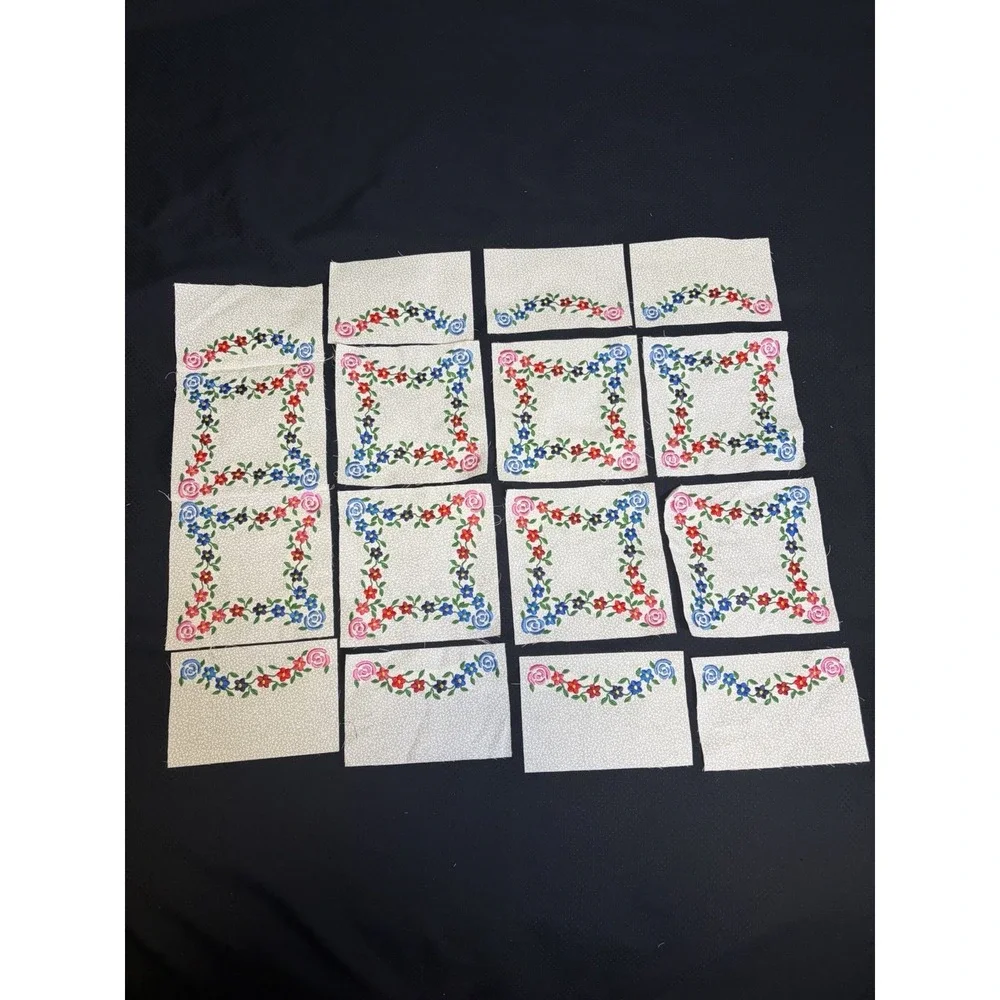 Set of 14 Vtg Quilt Blocks~ Machine Embroidered Flower Border~6